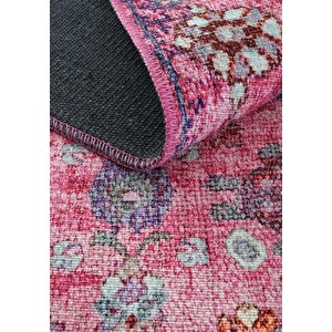 Cool Halı Private Fuşya Eskitme Vintage Halı Çiçek Desen Otantik Şönil Halı Yıkanabilir Salon Halısı