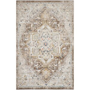 Zaraf Krem Kahve Halı Klasik Göbekli Desen Ev Oda Halısı Oturma Odası Salon İnce Halı 80x150 cm