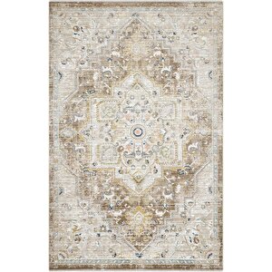 Zaraf Krem Kahve Halı Klasik Göbekli Desen Ev Oda Halısı Oturma Odası Salon İnce Halı 80x150 cm