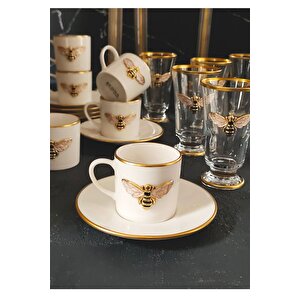 Queen Bee 18 Parça 6 Kişilik Yaldızlı Kadehli Porselen Kahve Fincan Takımı