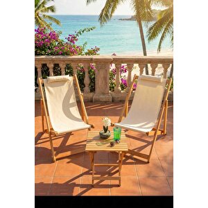 Ahşap Katlanabilir Taşınır Şezlong Plaj Bahçe Teras Balkon Sandalyesi 3'lü Takım Krem Krem