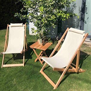 Ahşap Katlanabilir Taşınır Şezlong Plaj Bahçe Teras Balkon Sandalyesi 3'lü Takım Krem Krem