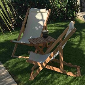 Reyo Ahşap Katlanabilir Taşınır Şezlong Plaj Bahçe Teras Balkon Sandalyesi 3'lü Takım Krem