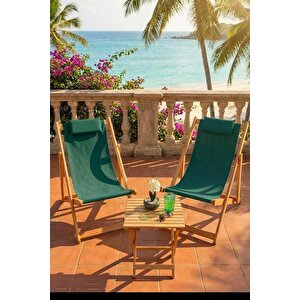 Ahşap Katlanabilir Taşınır Şezlong Plaj Bahçe Teras Balkon Sandalyesi 3'lü Takım Haki Haki