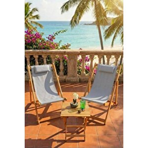 Ahşap Katlanabilir Taşınır Şezlong Plaj Bahçe Teras Balkon Sandalyesi 3'lü Takım Gri Gri