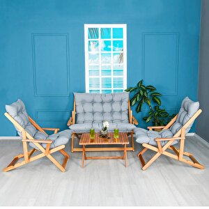 Ahşap Katlanabilir Taşınır Puf Minderli Kollu Şezlong Plaj Bahçe Teras Balkon Sandalyesi Koltuğu Takimi 4 Lü Set Gri