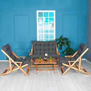 Ahşap Katlanabilir Taşınır Puf Minderli Kollu Şezlong Plaj Bahçe Teras Balkon Sandalyesi Koltuğu Takimi 4 Lü Set Antrasit
