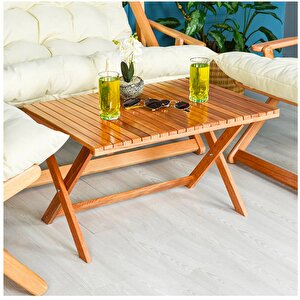 Ahşap Katlanabilir Taşınır Puf Minderli Kollu Şezlong Plaj Bahçe Teras Balkon Sandalyesi Koltuğu Takimi 4 Lü Set Krem