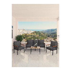 Modern Serisi Bahçe Takımı, Bahçe Mobilyası, Metal Koltuk Takımı - 3+1+1 Sehpalı - Atlantik Koyu Gri