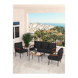 Modern Serisi Bahçe Takımı, Bahçe Mobilyası, Metal Koltuk Takımı - 3+1+1 Sehpalı - Atlantik Siyah
