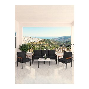 Modern Serisi Bahçe Takımı, Bahçe Mobilyası, Metal Koltuk Takımı - 3+1+1 Sehpalı - Beyaz Siyah