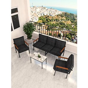 Modern Serisi Bahçe Takımı, Bahçe Mobilyası, Metal Koltuk Takımı - 3+1+1 Sehpalı - Efes Siyah