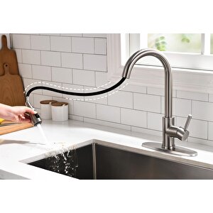 Spiralli Eviye Bataryası Inox Lavabo Mutfak Musluğu Aşağı Çekilebilir Püskürtmeli Paslanmaz Çelik
