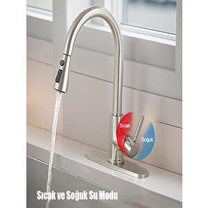 Spiralli Eviye Bataryası Inox Lavabo Mutfak Musluğu Aşağı Çekilebilir Püskürtmeli Paslanmaz Çelik