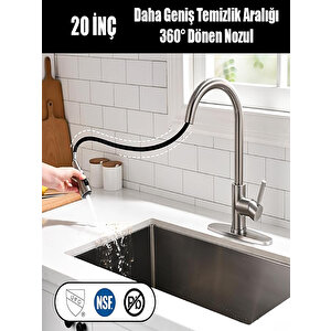 Spiralli Eviye Bataryası Inox Lavabo Mutfak Musluğu Aşağı Çekilebilir Püskürtmeli Paslanmaz Çelik