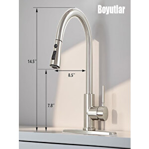 Spiralli Eviye Bataryası Inox Lavabo Mutfak Musluğu Aşağı Çekilebilir Püskürtmeli Paslanmaz Çelik