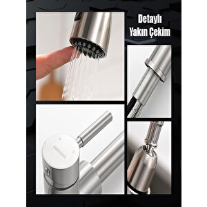 Spiralli Eviye Bataryası Inox Lavabo Mutfak Musluğu Aşağı Çekilebilir Püskürtmeli Paslanmaz Çelik