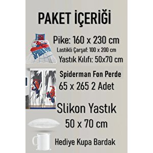 Spiderman Pike Takımı + 2'li Spiderman Fon Perde + Yastık + Kupa Bardak Hediye Toplam 7 Parça