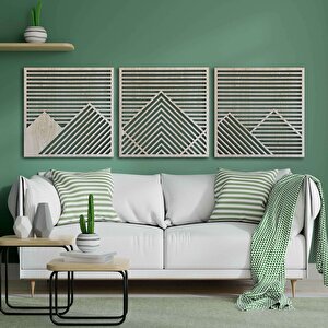 Ahşap Duvar Tablosu, 3 Parça Ahşap Modern Duvar Dekoru, Yatay Gökyüzü Geometrik Dağ Desen Duvar Paneli, Akçaağaç 71x71 cm