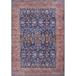 Private Lacivert Etnik Desen Çiçekli Şönil Halı Yıkanabilir Eskitme Vintage Salon Halısı 75x230 cm