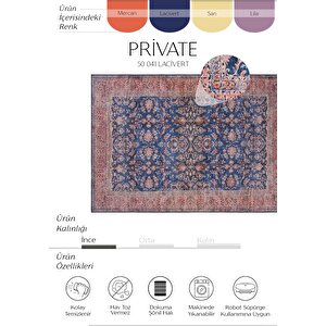 Private Lacivert Etnik Desen Çiçekli Şönil Halı Yıkanabilir Eskitme Vintage Salon Halısı 75x230 cm