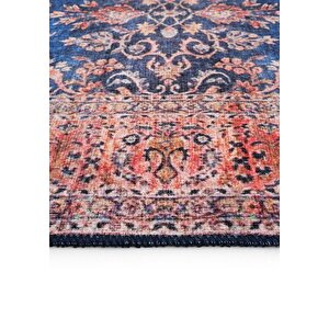 Cool Halı Private Lacivert Etnik Desen Çiçekli Şönil Halı Yıkanabilir Eskitme Vintage Salon Halısı