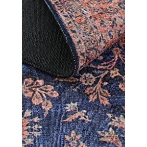 Cool Halı Private Lacivert Etnik Desen Çiçekli Şönil Halı Yıkanabilir Eskitme Vintage Salon Halısı