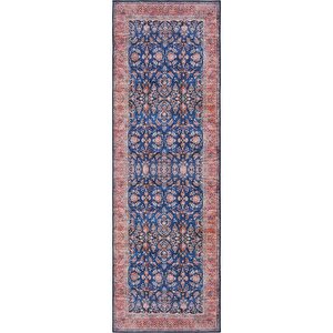 Cool Halı Private Lacivert Etnik Desen Çiçekli Şönil Halı Yıkanabilir Eskitme Vintage Salon Halısı