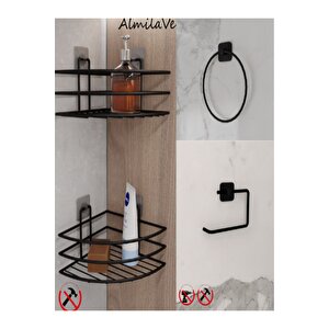 Siyah Yapışkanlı 2 Adet Banyo Köşeliği Halka Havluluk Ve Tuvalet Kağıtlık Seti 3'lü Set