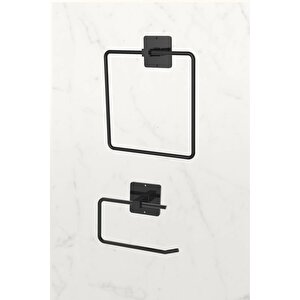 Yapışkanlı Siyah Kare Havluluk  Ve Tuvalet Wc Kağıtlık Banyo 2'li Set