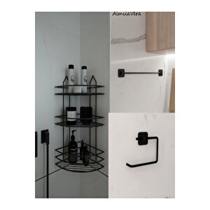 Yapışkanlı Siyah Banyo Köşeliği 3 Katlı Köşe Rafı Uzun Havluluk Ve Tuvalet Kağıtlık Set