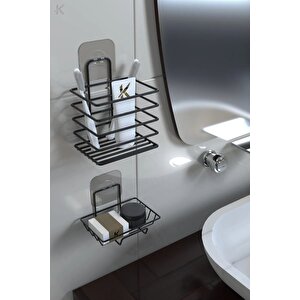 Siyah Paslanmaz Metal Banyo Duvar Organizeri - Yapışkanlı Diş Fırçalık Ve Sabunluk Seti
