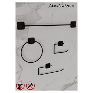 Siyah Kare Uzun Havluluk Halka Havluluk Rulo Havluluk Ve Tuvalet Kağıtlık Seti 4'lü Banyo Seti