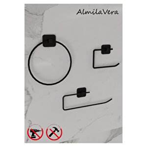 Siyah Kare Uzun Havluluk Halka Havluluk Rulo Havluluk Ve Tuvalet Kağıtlık Seti 4'lü Banyo Seti
