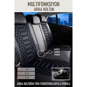 Renault 11 Flash Uyumlu Lüx Deri Oto Koltuk Kılıfı Ön Arka Takım Crystal Serisi Si̇yah Mavi̇ Siyah - Mavi