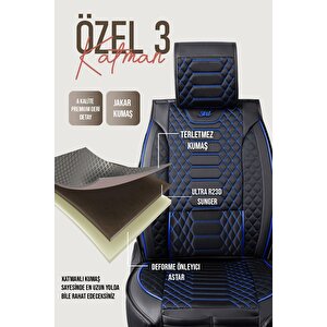 Renault 11 Flash Uyumlu Lüx Deri Oto Koltuk Kılıfı Ön Arka Takım Crystal Serisi Si̇yah Mavi̇