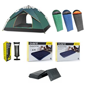 Yek Outdoor 4 Kişilik Tam Otomatik Kamp Çadırı- 3 Adet 0°uyku Tulumu-şişme Yatak