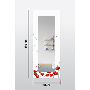 Red Anemone Desenli Dekoratif Boy Aynası 150x60 Cm
