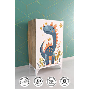 Minik Dino 2 Raflı Çocuk Odası Dolabı Çok Amaçlı Baskılı Oyuncak Dolabı Ahşap