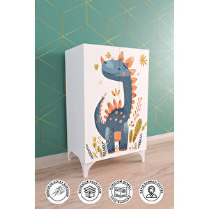 Minik Dino 2 Raflı Çocuk Odası Dolabı Çok Amaçlı Baskılı Oyuncak Dolabı Beyaz