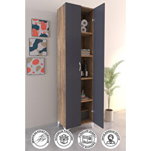 5 Raflı Çok Amaçlı Mutfak Dolabı Kiler Banyo Balkon Erzak Dolabı Antrasit-Ahşap