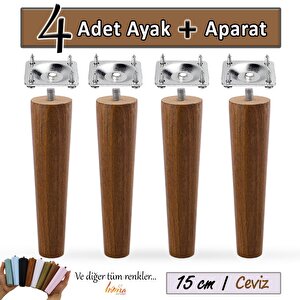 4 Adet Ahşap Ayak 15 Cm Ceviz M8 Civatalı Bağlantı Aparatlı Dolap Mobilya Koltuk Kanepe Destek Ayağı Ayakları