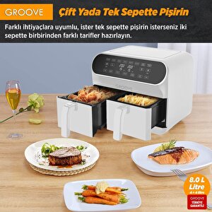 Groove Max Plus Xxl 1800w (4lt+4lt) 8lt Çift Hazneli Smart Airfryer Air Fryer Yağsız Sıcak Hava Fritözü Beyaz