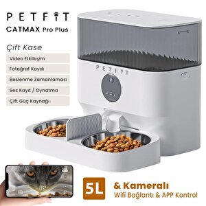 Petfit Catmax Pro Plus 5l Wi-fi Kameralı Çift Kase Akıllı Otomatik Kedi Köpek Mama Kabı Besleme Ünitesi (sesli Komut+çelik Kase+ap