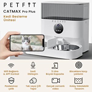 Petfit Catmax Pro Plus 5l Wi-fi Kameralı Çift Kase Akıllı Otomatik Kedi Köpek Mama Kabı Besleme Ünitesi (sesli Komut+çelik Kase+ap