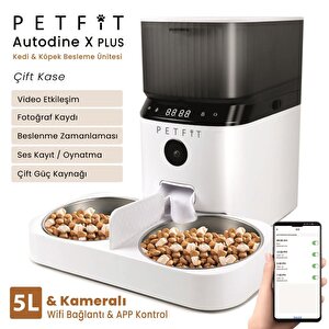 Petfit Autodine X Plus 5l Wi-fi Kameralı Çift Kase Akıllı Otomatik Kedi Köpek Mama Kabı Besleme Ünitesi (sesli Komut+çelik Kase+ap