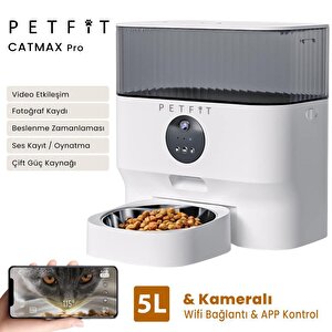 Petfit Catmax Pro 5l Wi-fi Kameralı Akıllı Otomatik Kedi Köpek Mama Kabı Besleme Ünitesi (sesli Komut+çelik Kase+app Kontrol)