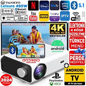 Vankyo Leisure 495w Android Tv 4k Destekli Projeksiyon Cihazı 5g Wi-fi + 5.1 Bluetooth Lcd Led - 220 İnç Yansıtma - Hifi Dolby Ses