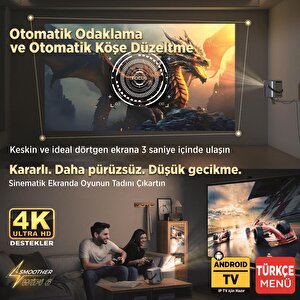 Vankyo H300a Android Tv 4k Destekli Projeksiyon Cihazı +auto Focus+auto Keystone 6g Wi-fi+5.2 Bluetooth 240 Inç Yansıtma+hifi Dolb
