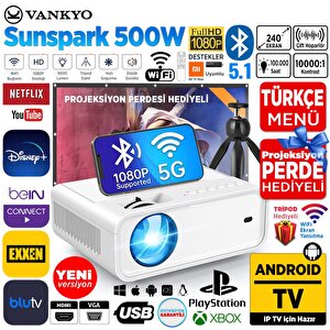 Vankyo Sunspark 500w Android Tv 1080p Destekli Projeksiyon Cihazı  5g Wi-fi + 5.1 Bluetooth - Lcd Led - 240 Inç Yansıtma-dahili Ho